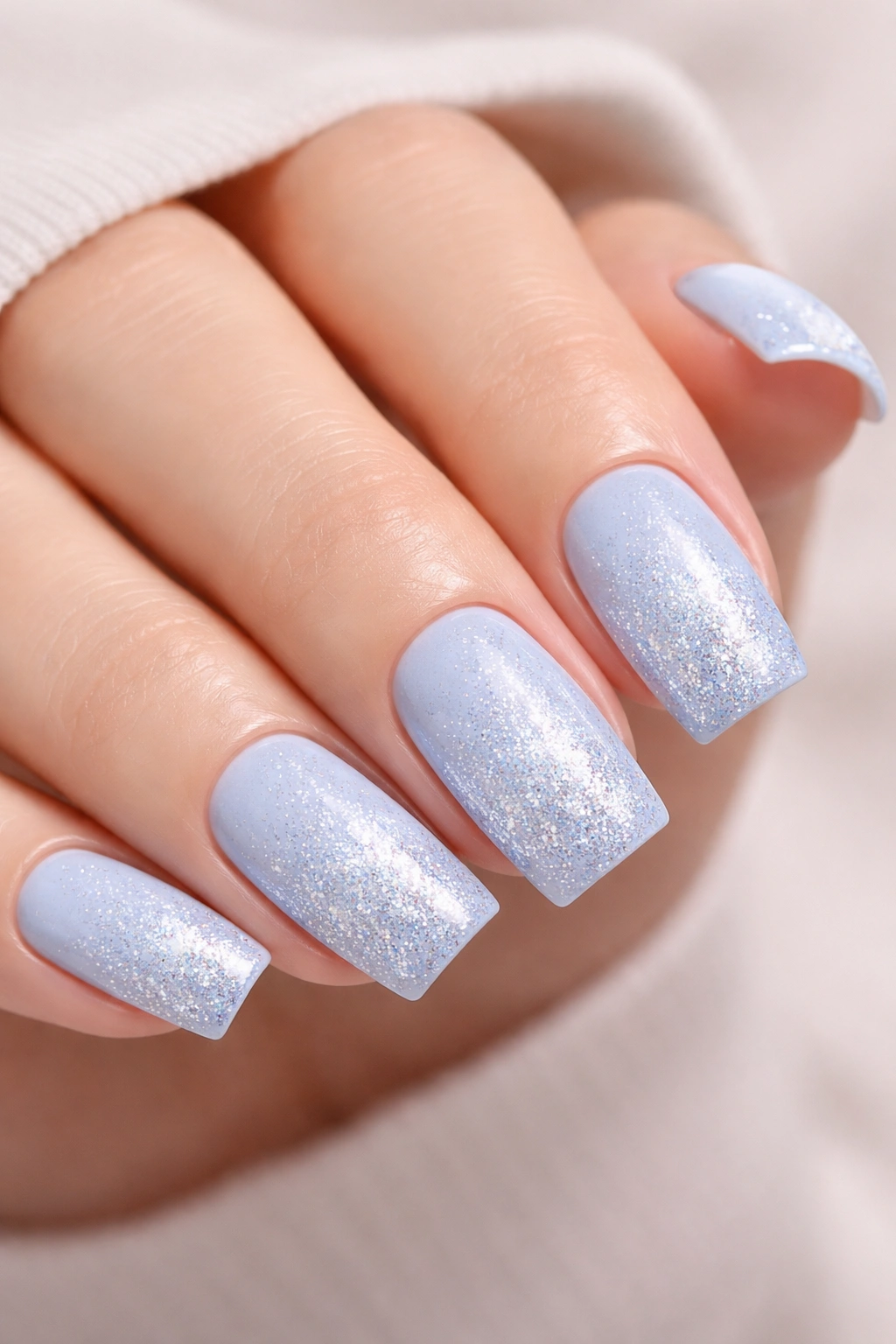 Close-up of blue nails with glitter gradient from base to tip on a neutral background