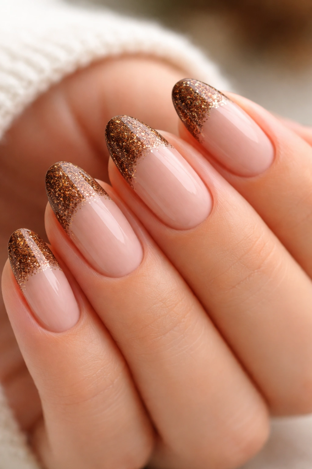 Close-up of a hand with short almond nails showing brown tips with fine gold glitter on a nude base