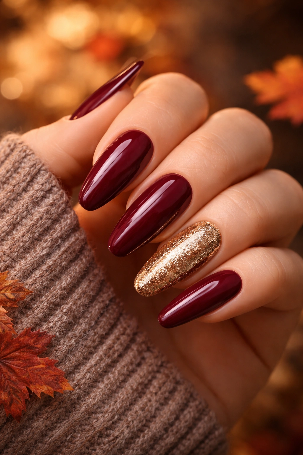 Close-up of burgundy acrylic nails with one gold glitter accent nail