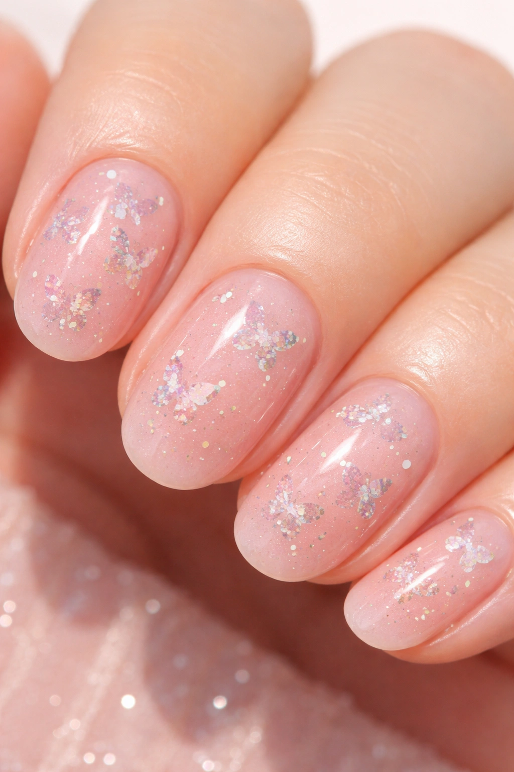 Close-up of a short oval nail with tiny glitter butterfly accents on a sheer pink base