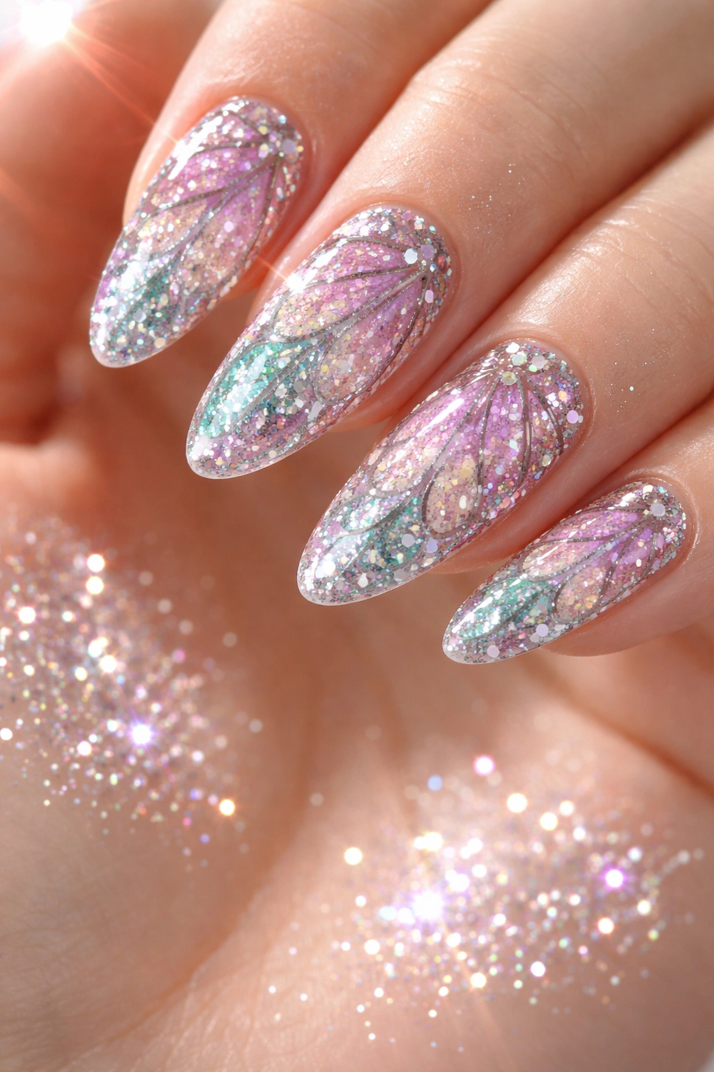 Nails with glitter butterfly wings on a nude base, sparkling under studio lighting