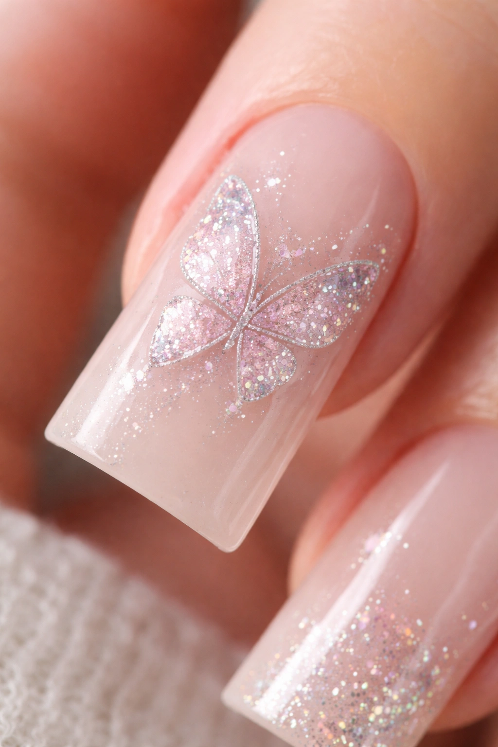 Nude nail with glitter gradient butterfly accent