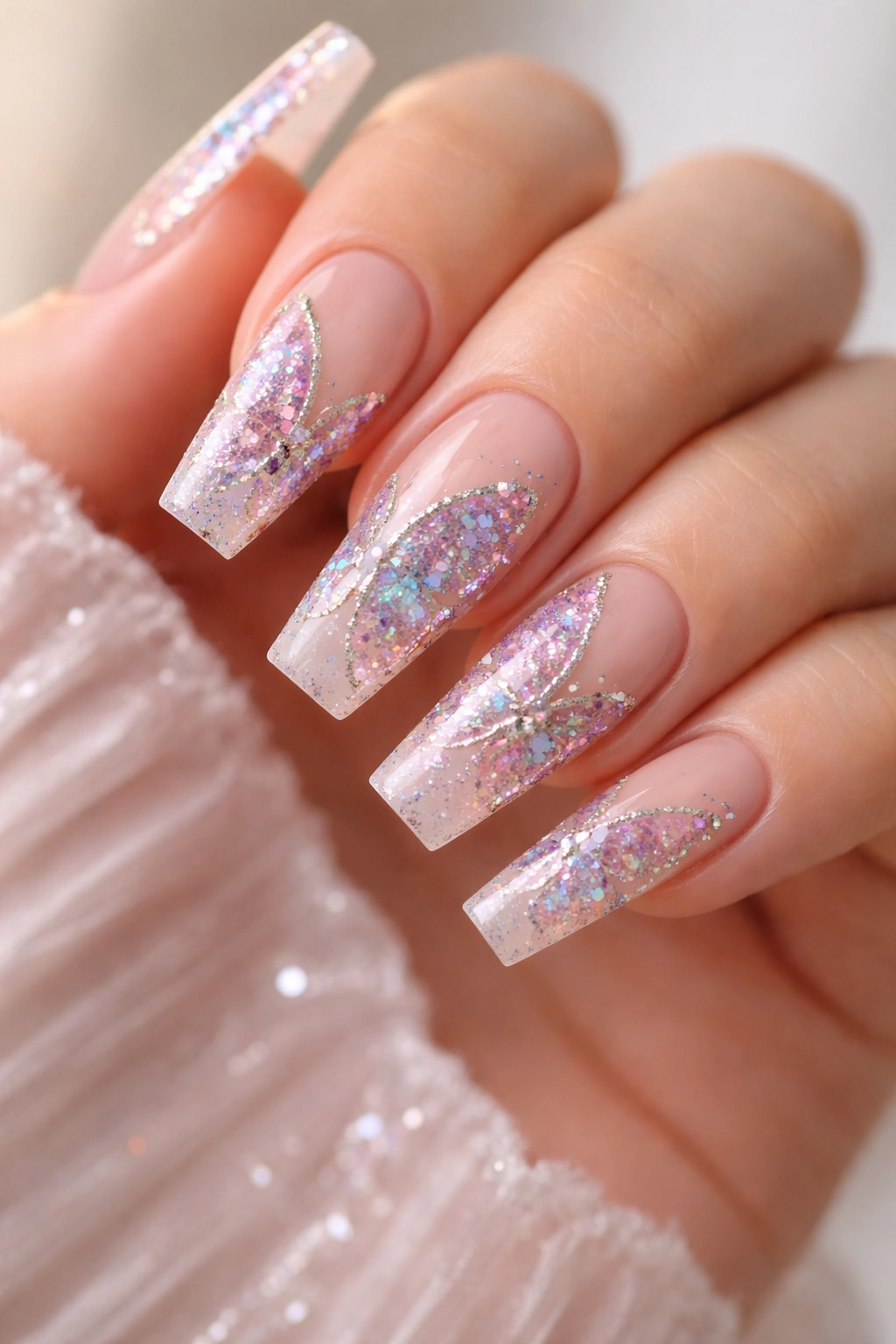 Close-up of coffin nails with a glitter butterfly design on each nail