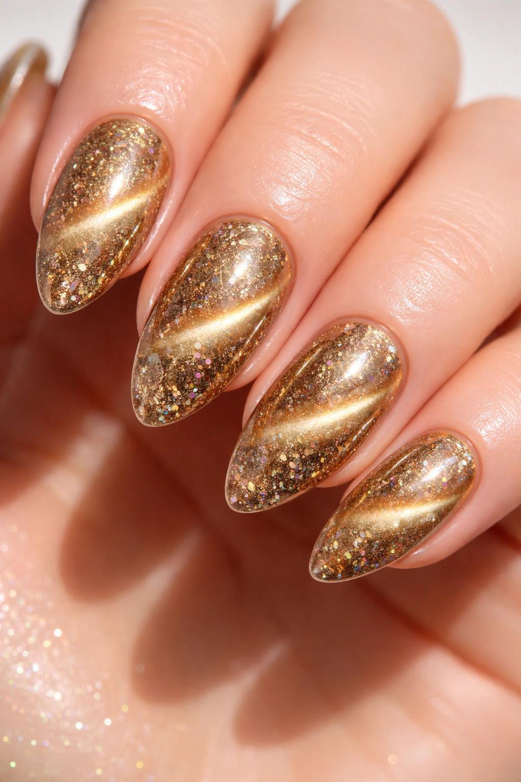 Close-up of glitter overlay on gold cat eye nails sparkling in light
