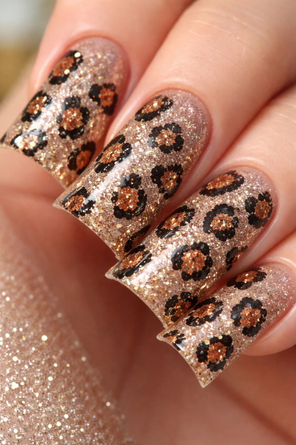 Duck nail with glitter underlay and cheetah spots