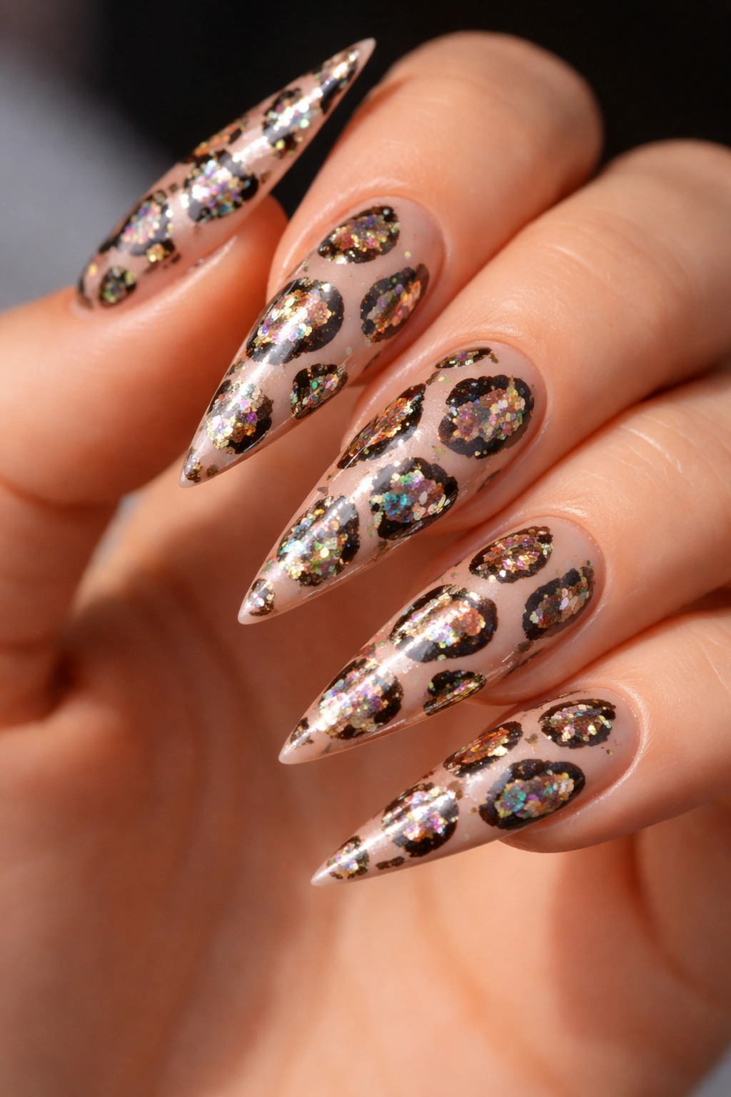 Glitter-filled cheetah spots on nude stiletto nails catching light