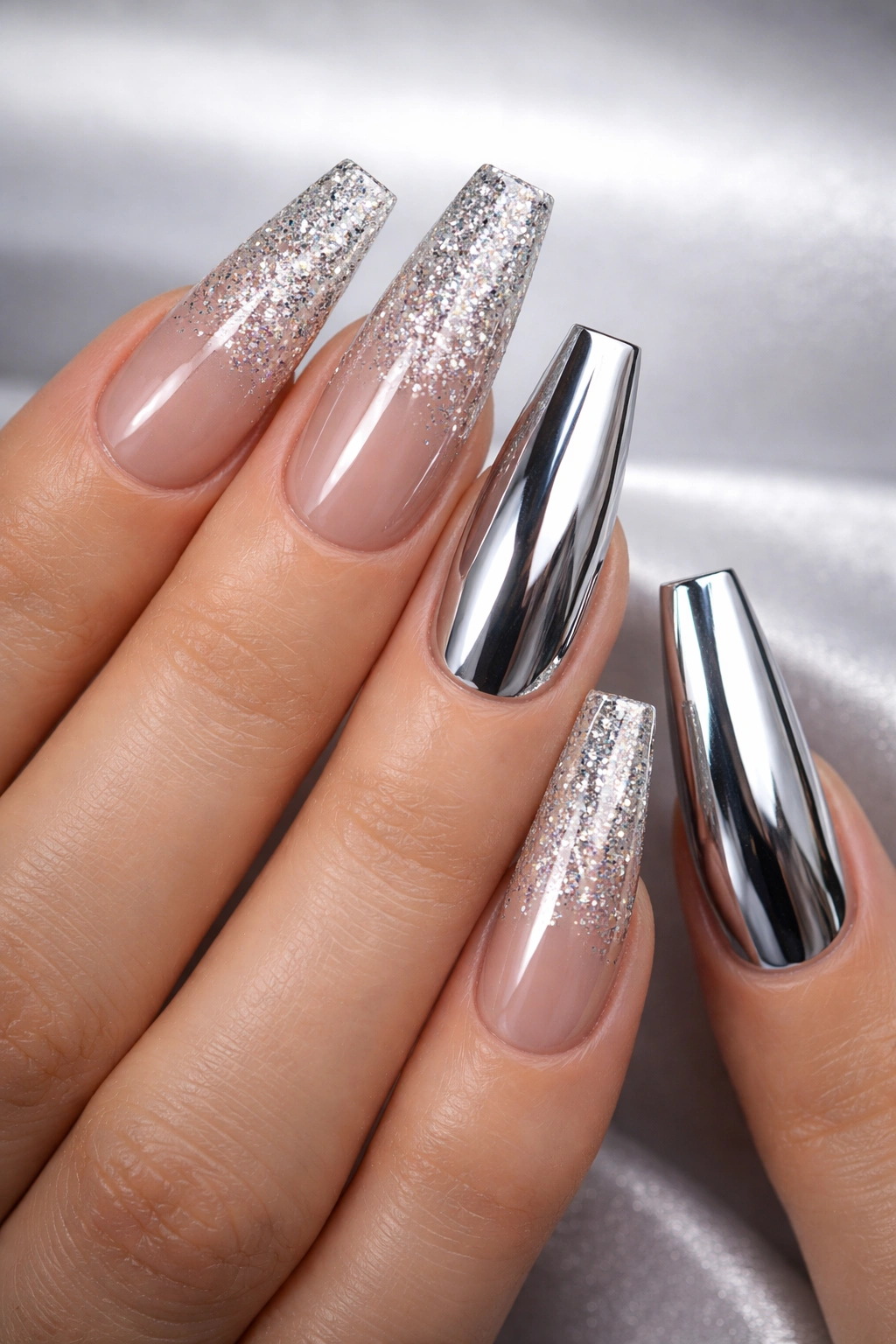 Coffin nails with glitter and chrome finishes in a high-gloss manicure