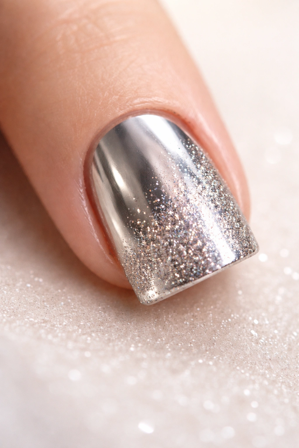 Accent nail with chrome and fine glitter on a short nail