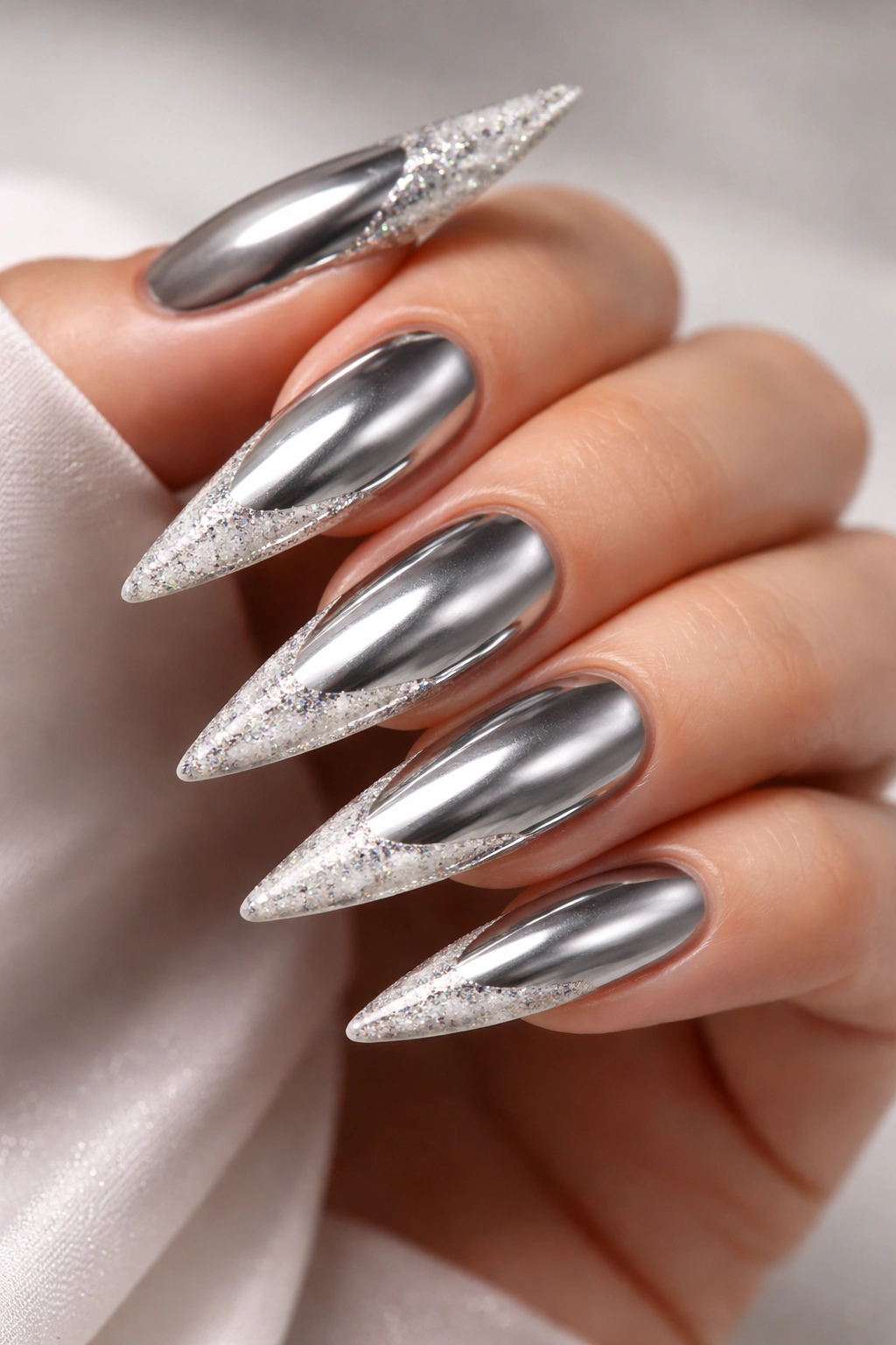 Chrome nails with glitter embedded in white tips