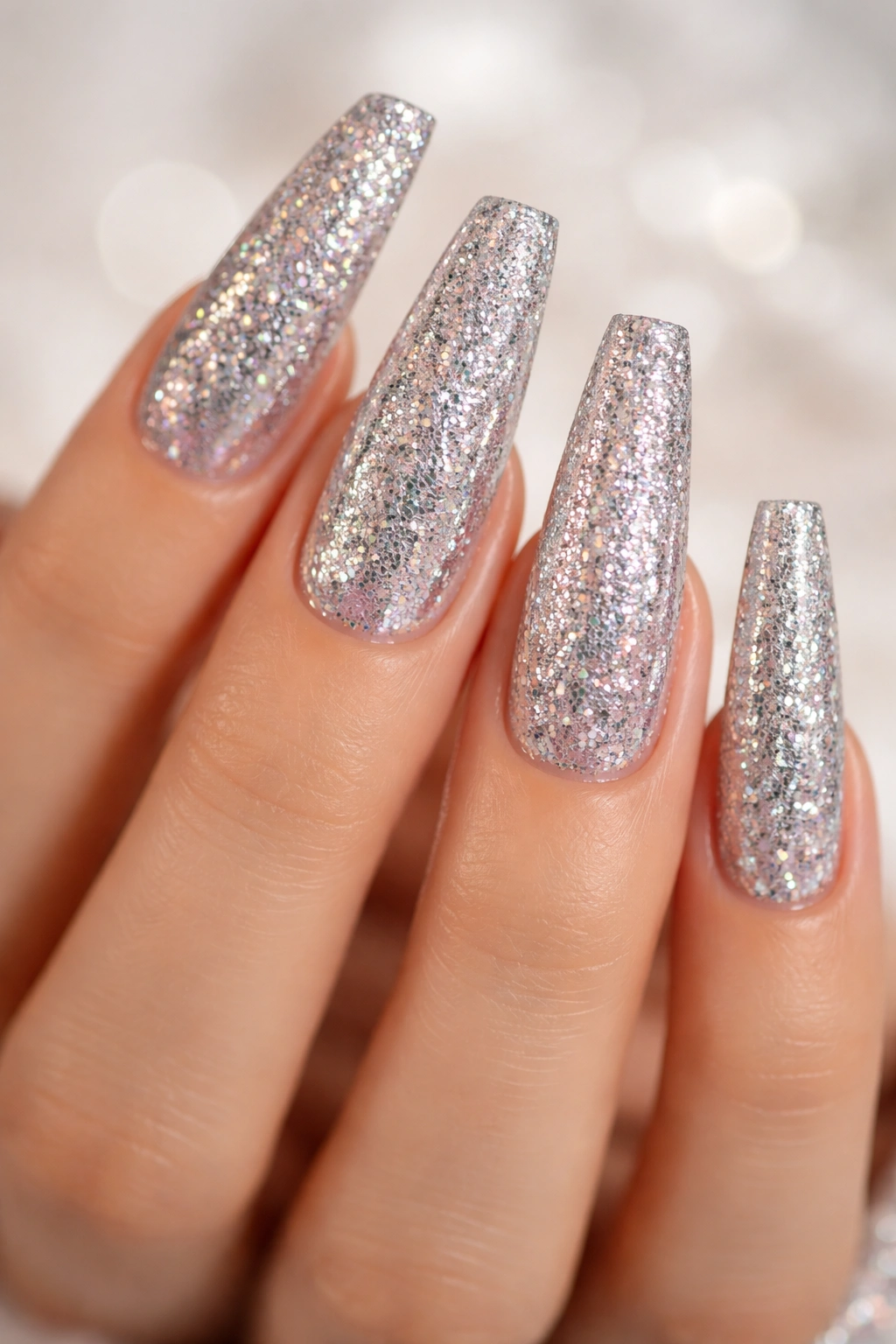 Glitter-coated extra-long coffin nails sparkling