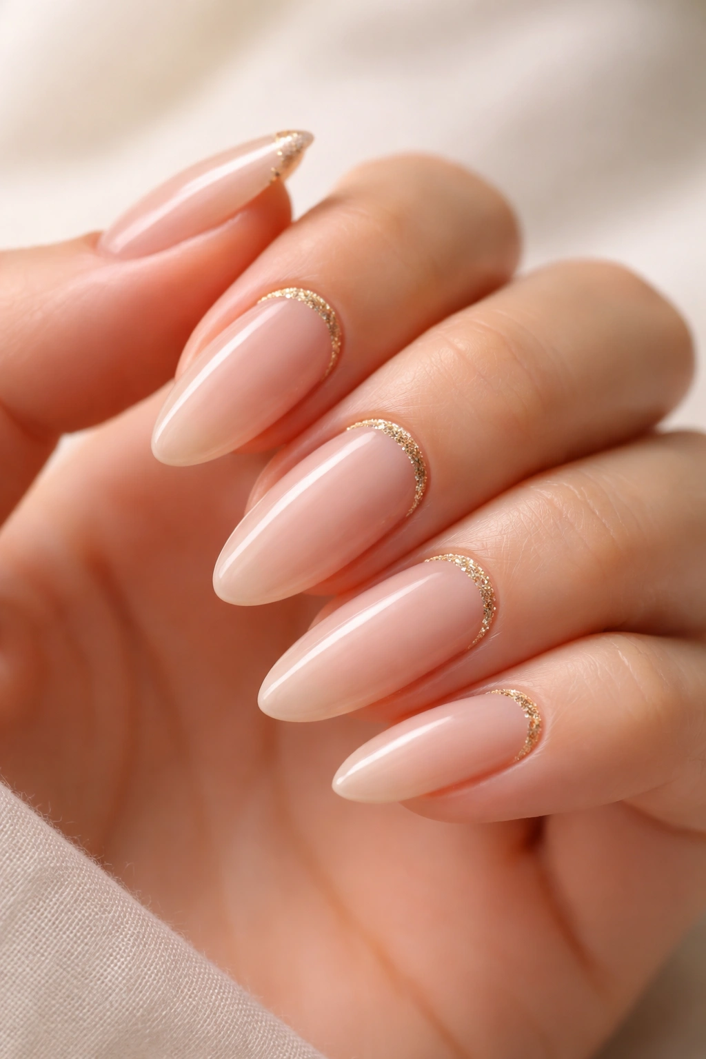 Close-up of almond nails with a fine gold glitter cuticle line on nude polish