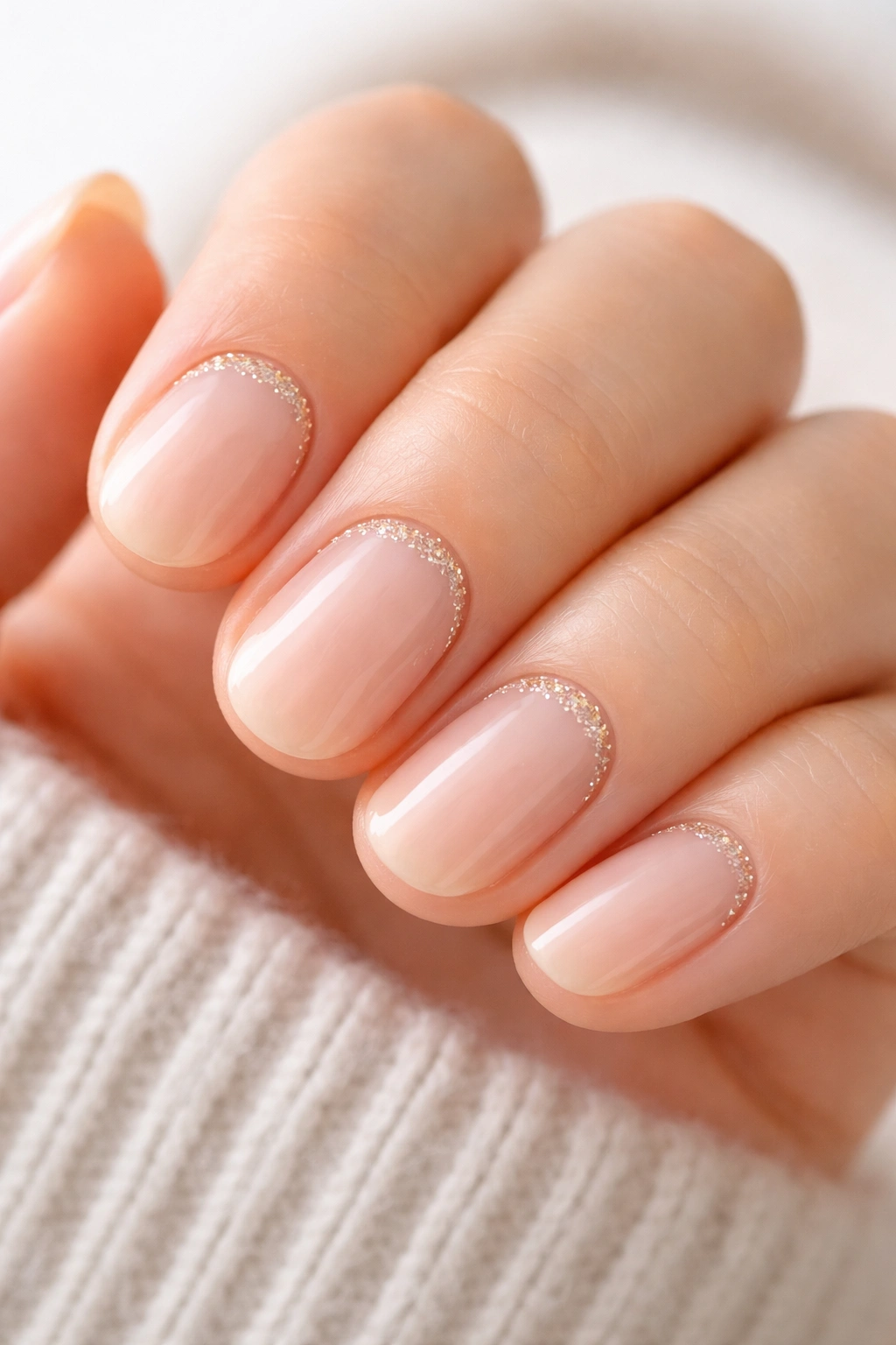 Close-up of nails with a thin glitter line at the cuticle on short oval nails