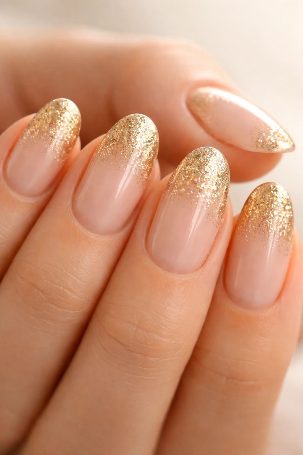 Close-up of short almond nails with glitter at the cuticle and clear tips