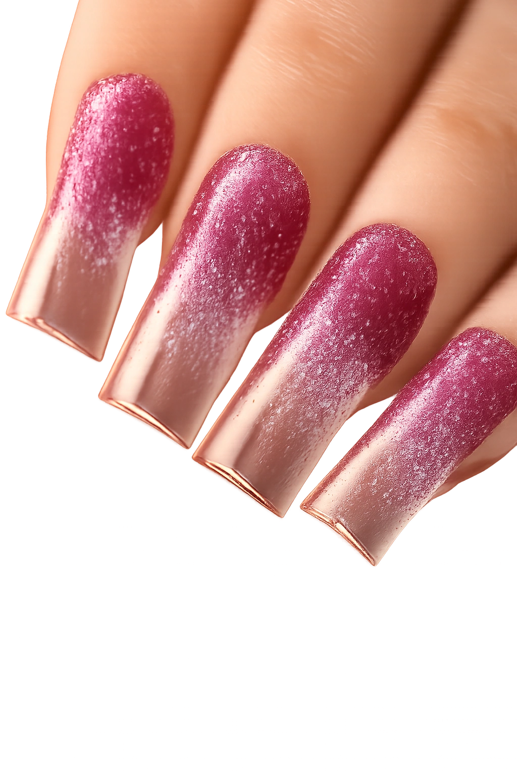 Close-up of hot pink glitter dip gradient on duck nails with clear tips