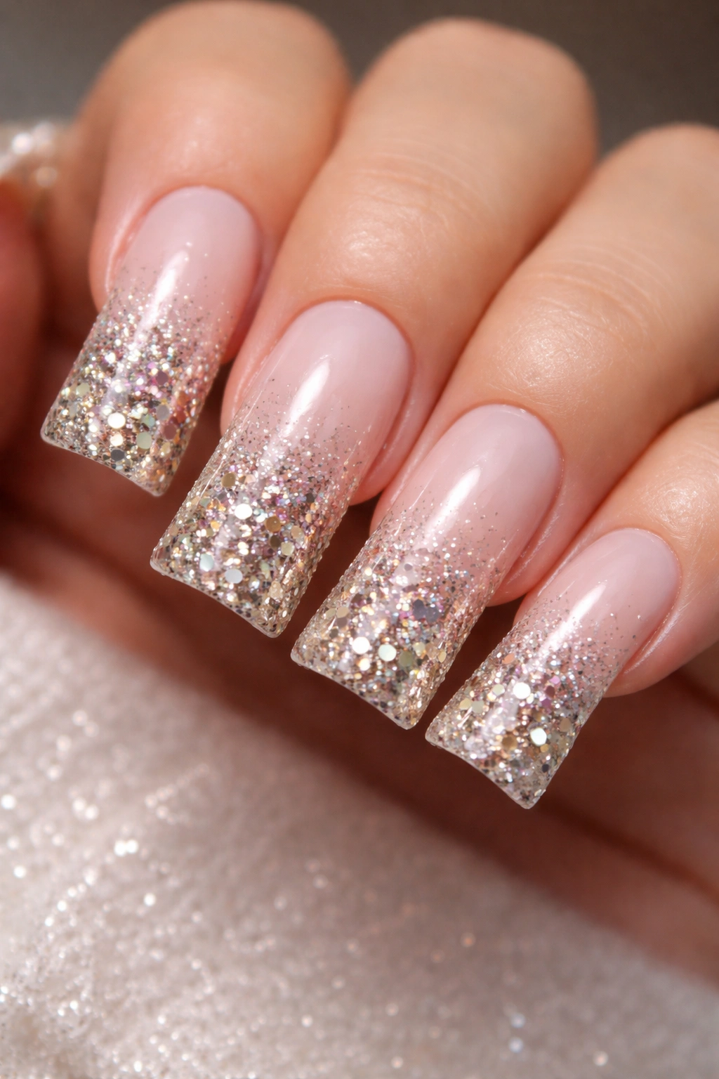 Duck nails dipped in fine glitter on a pale base.