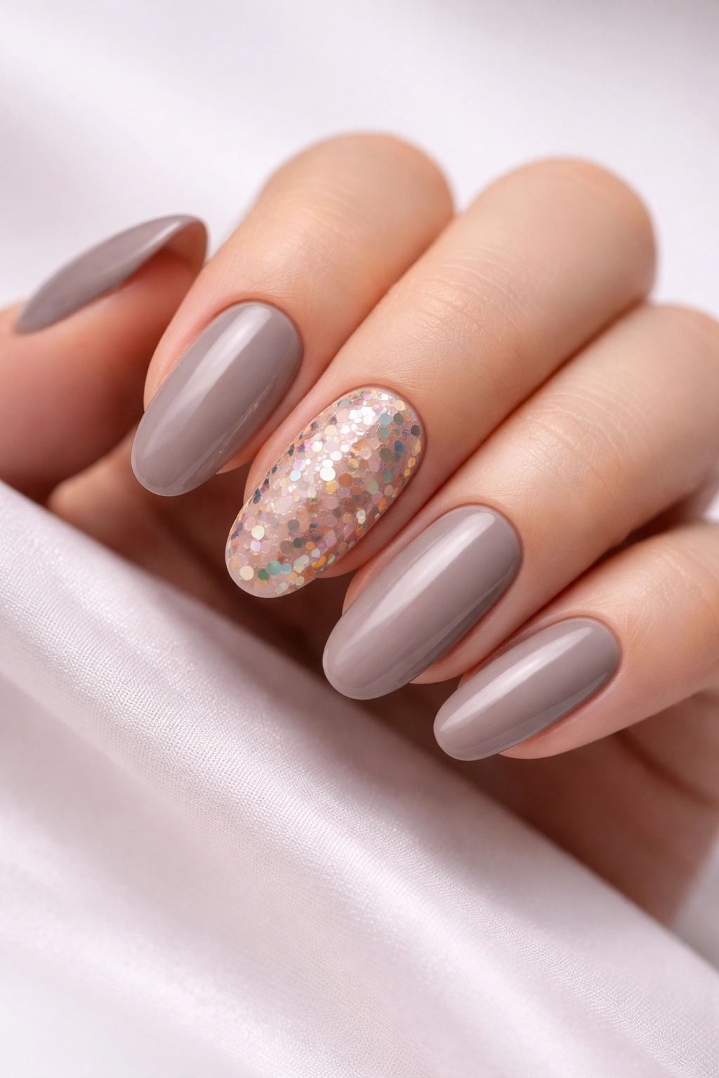 Taupe nails with one glitter dot focal nail, studio close-up