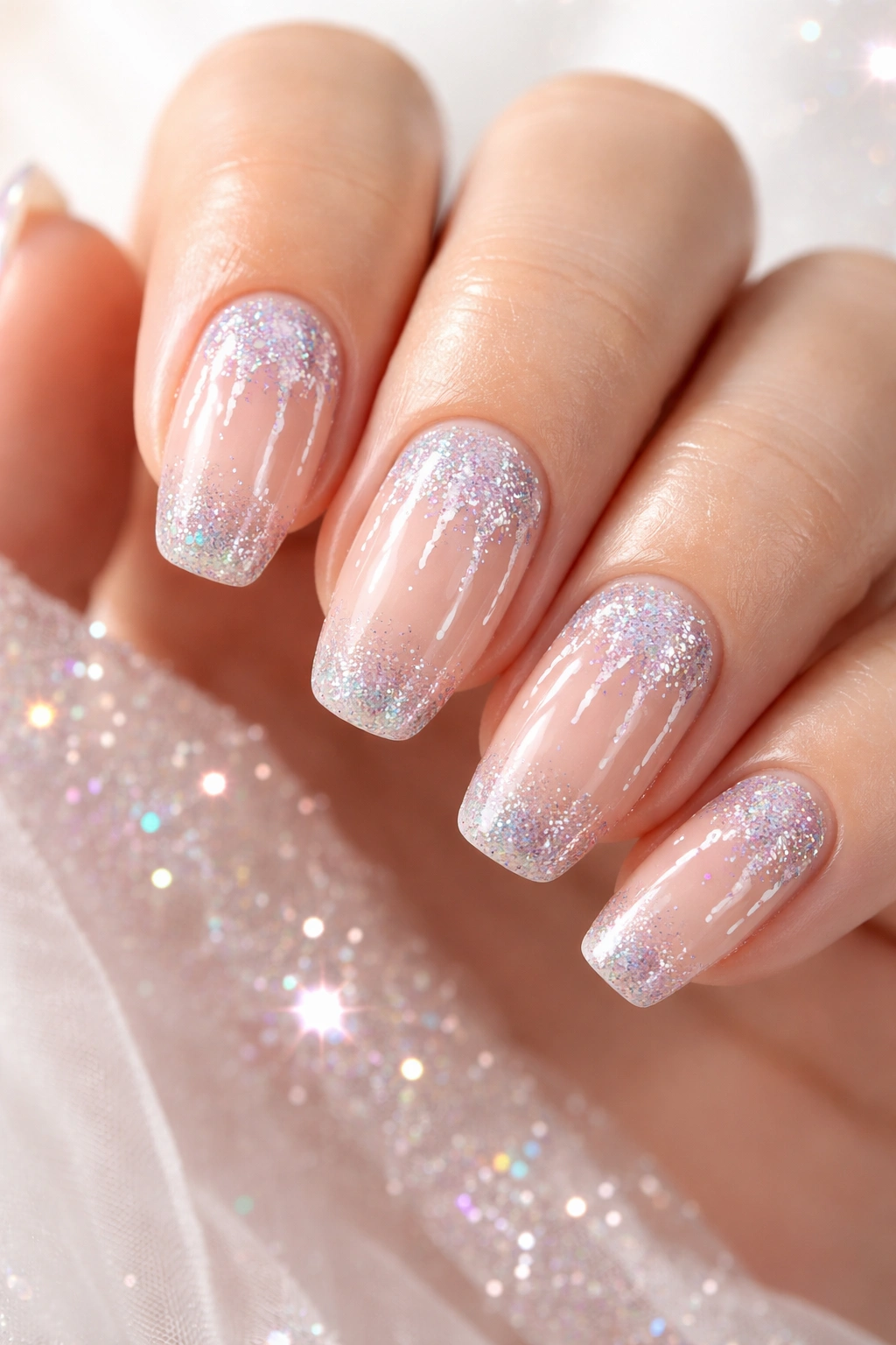 Close-up of nude nails with fine iridescent glitter drip accents