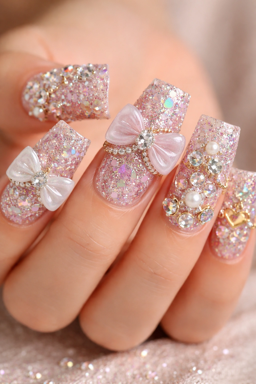 Close-up of glittery duck nails with 3D elements on hands