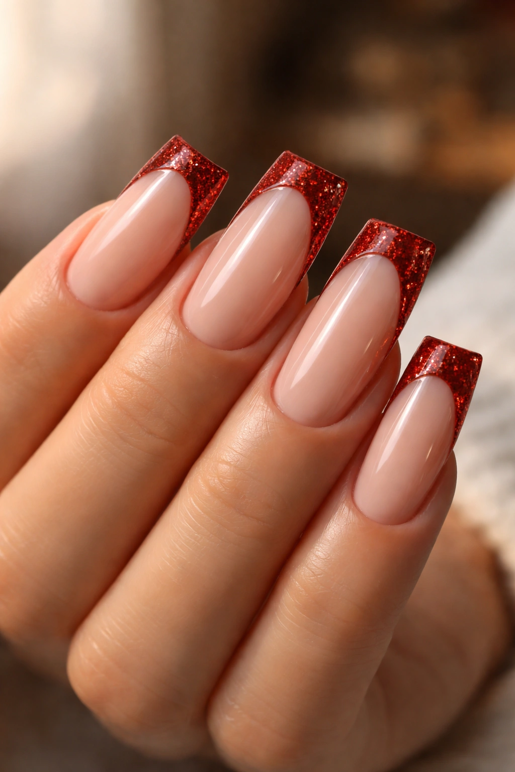 Close-up of duck nails with glitter-accented red French tips on pale base