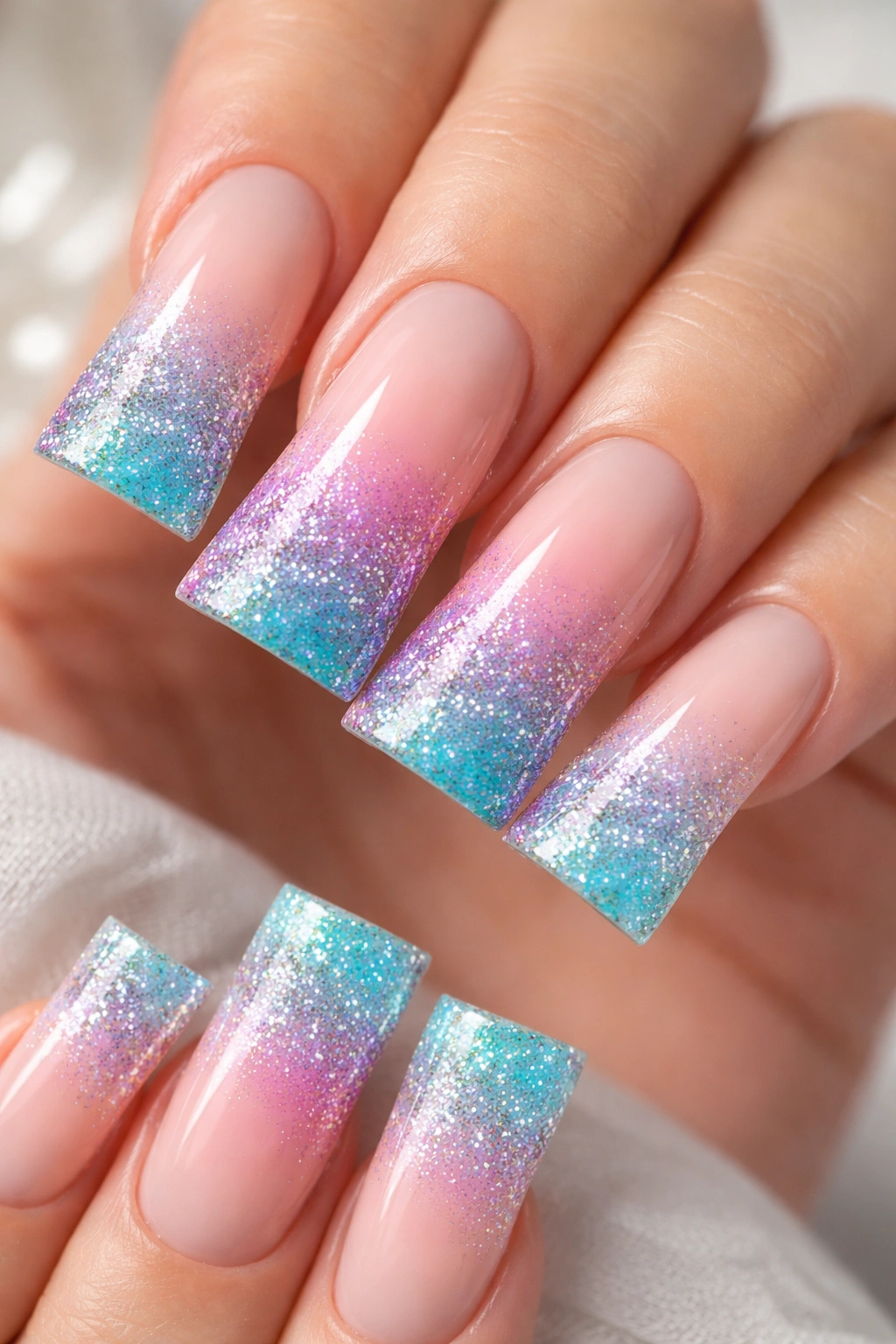 Duck nails with neutral base and glitter gradient from cuticle to tip