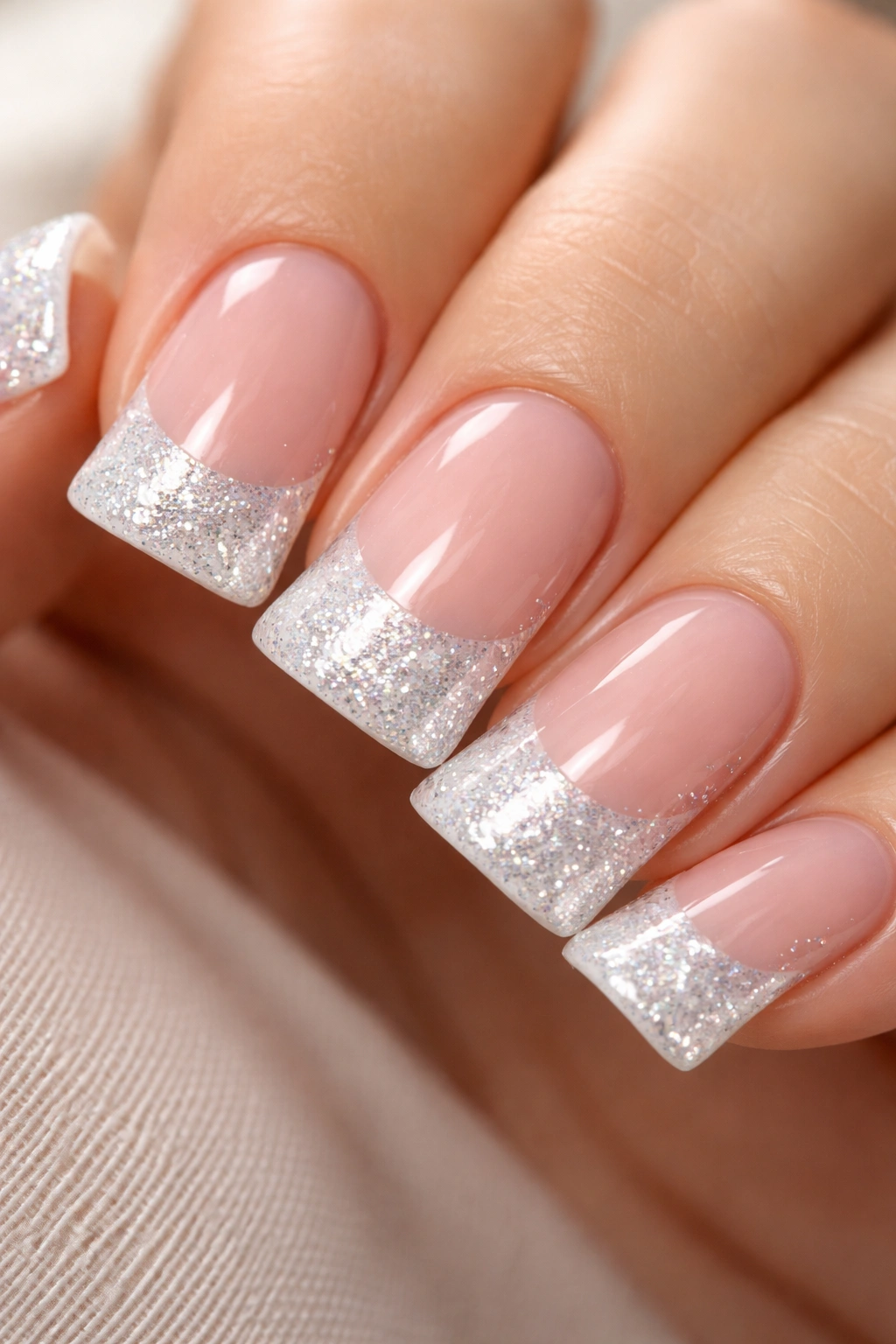 Close-up of short nails with glitter on the white duck tip