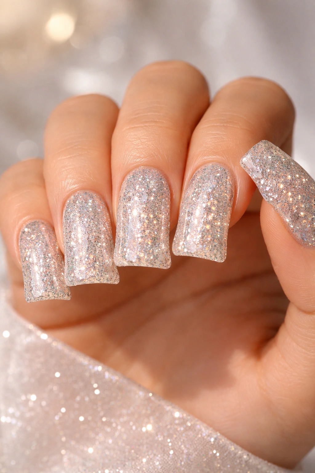 Glitter duck nails with sparkle finish on gel extensions