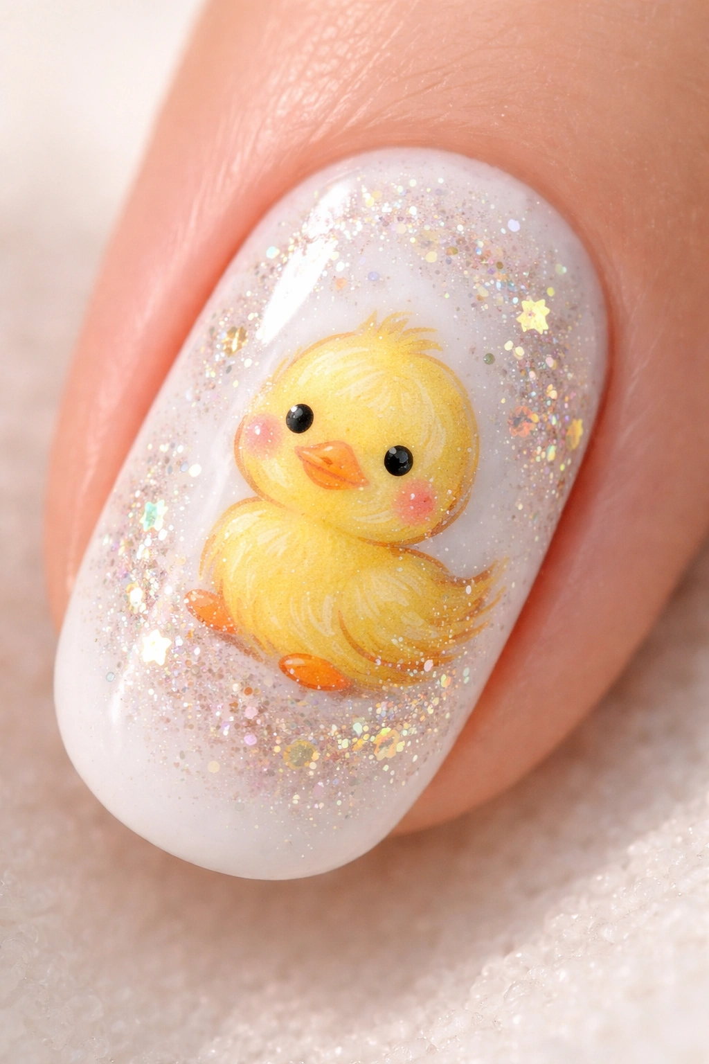 Close-up of glitter duckling nail design on white base