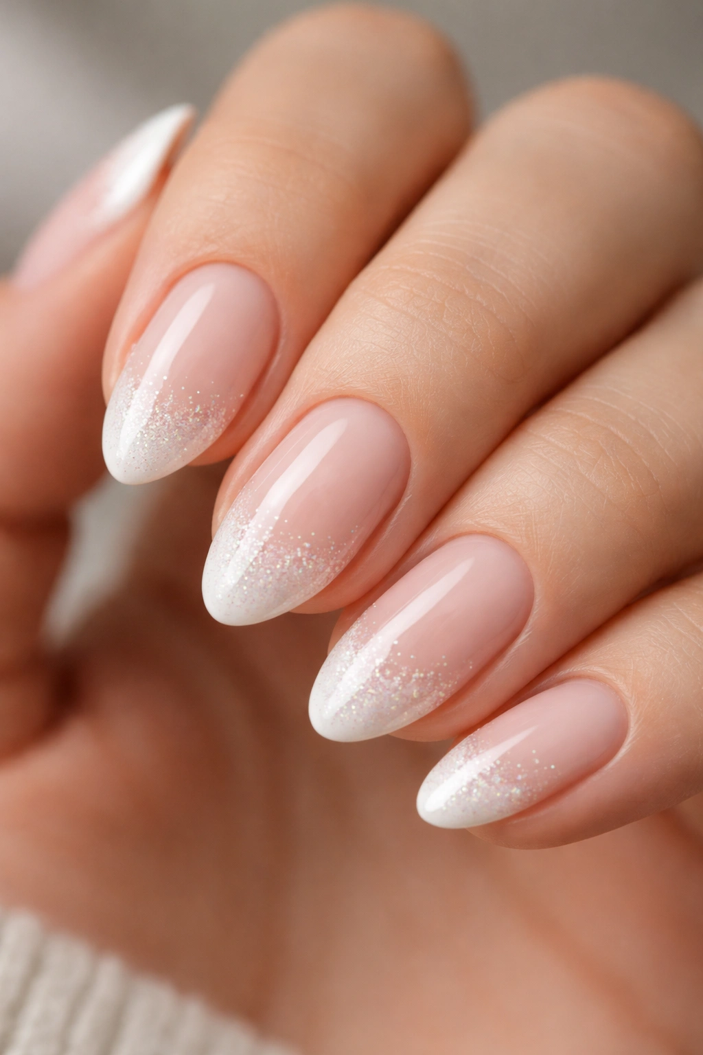 Close-up of short almond nails with glitter-dusted white tips