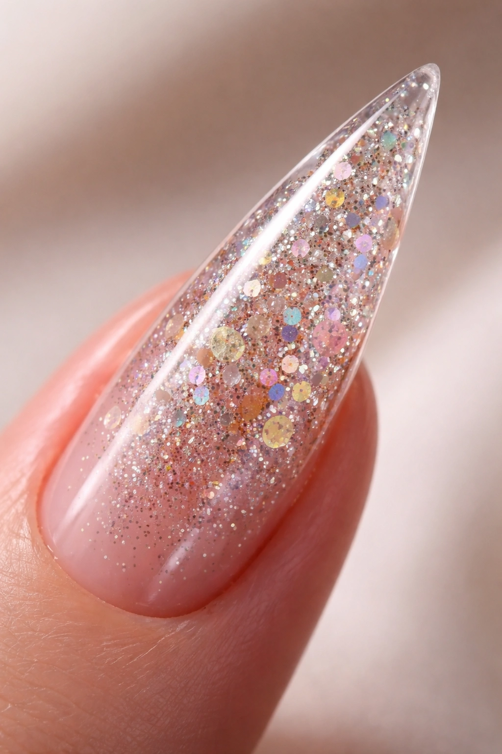 Close-up of a stiletto nail with glitter encapsulated inside clear gel