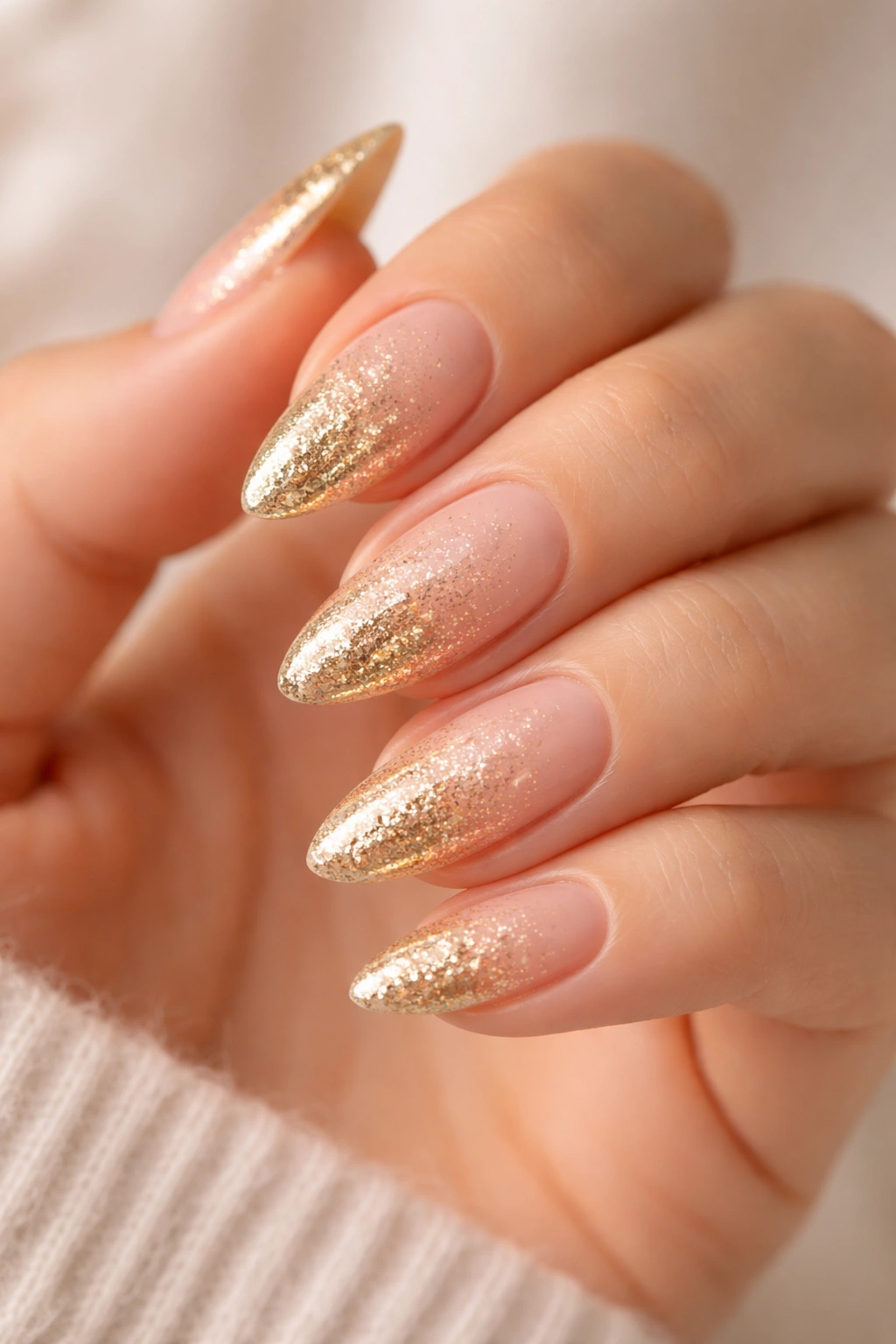 Close-up of almond nails with a gold glitter fade at the tips.