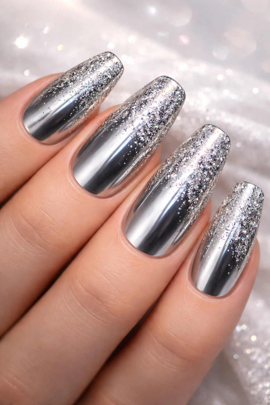 Nails with silver chrome and glitter fade at tips