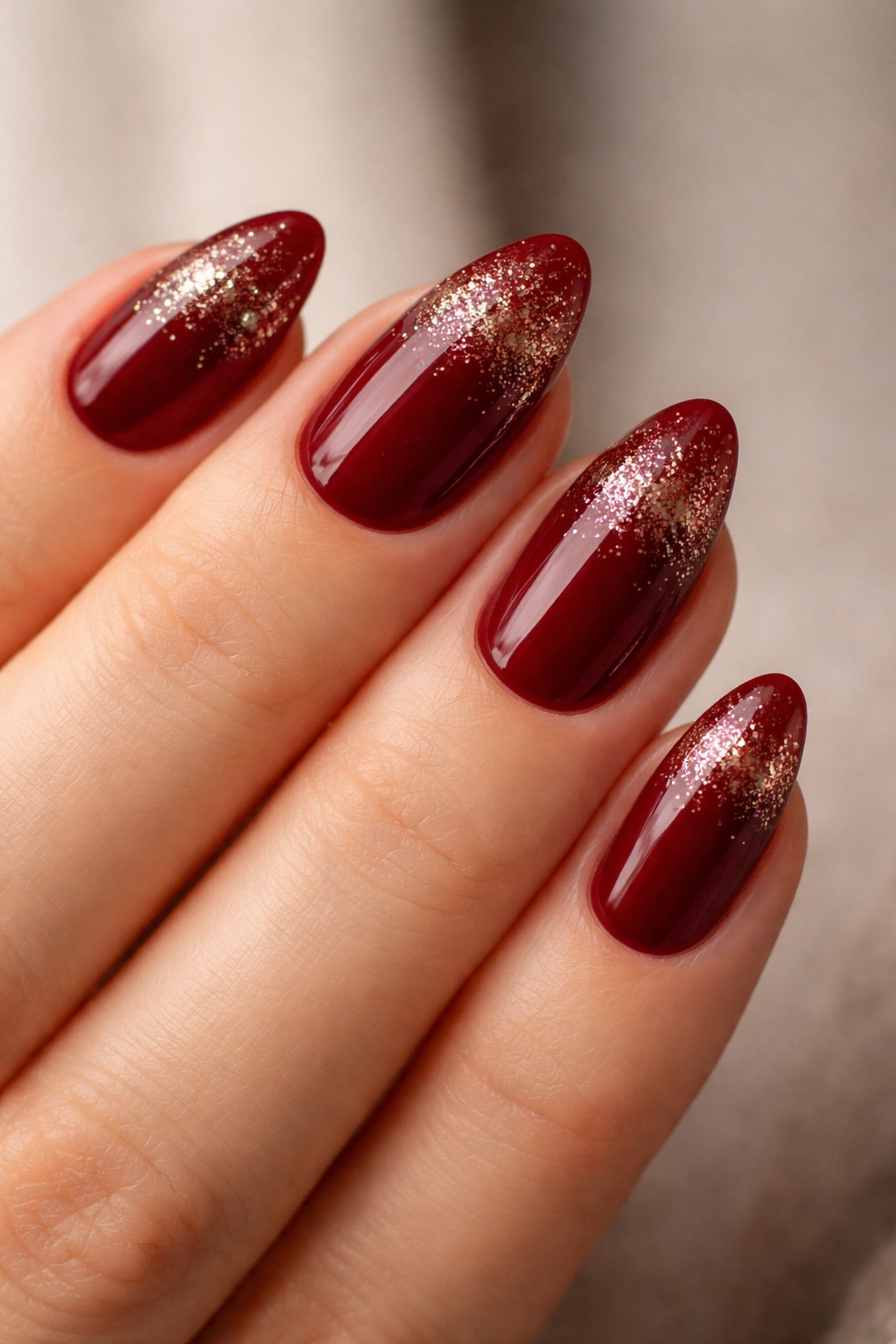Short almond nails with maroon base and subtle glitter fade at tips