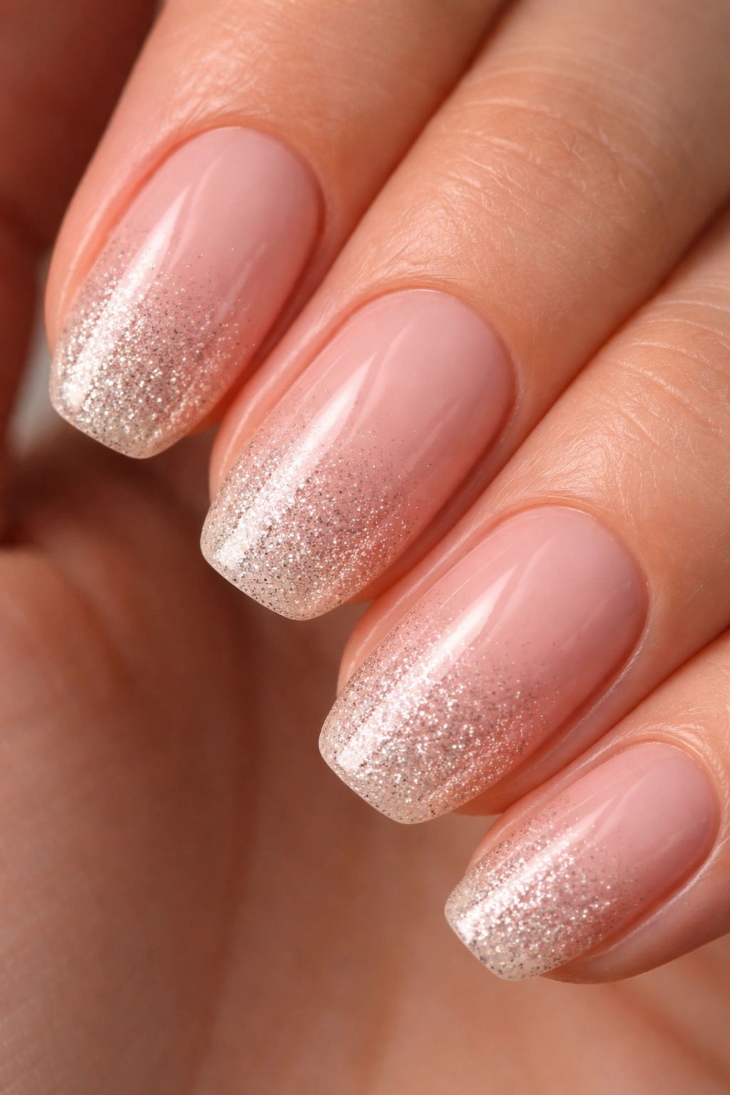 Close-up of a short ballerina nail with fine glitter fading from tip