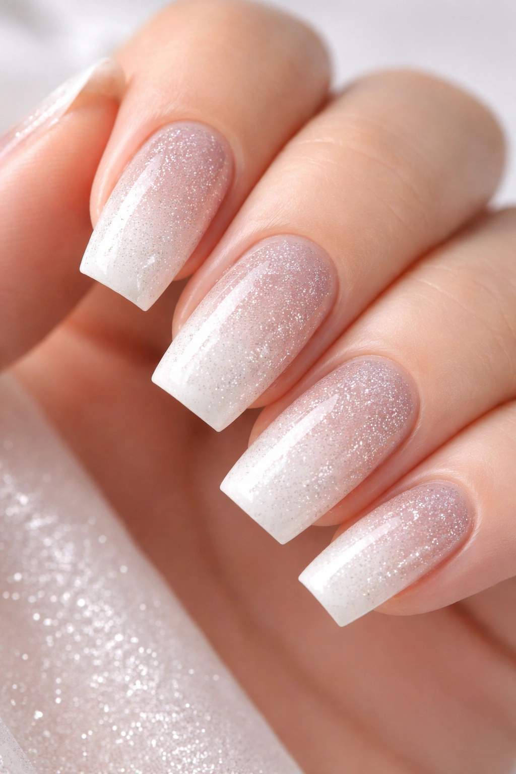 Glitter fade from clear to white on soft-square nails