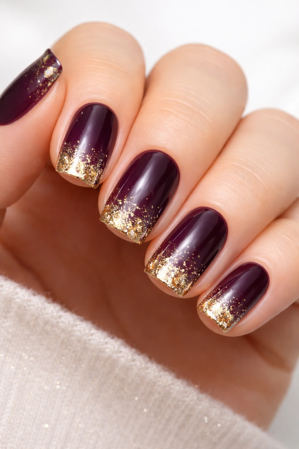 Deep plum nails fading into gold glitter at the tips