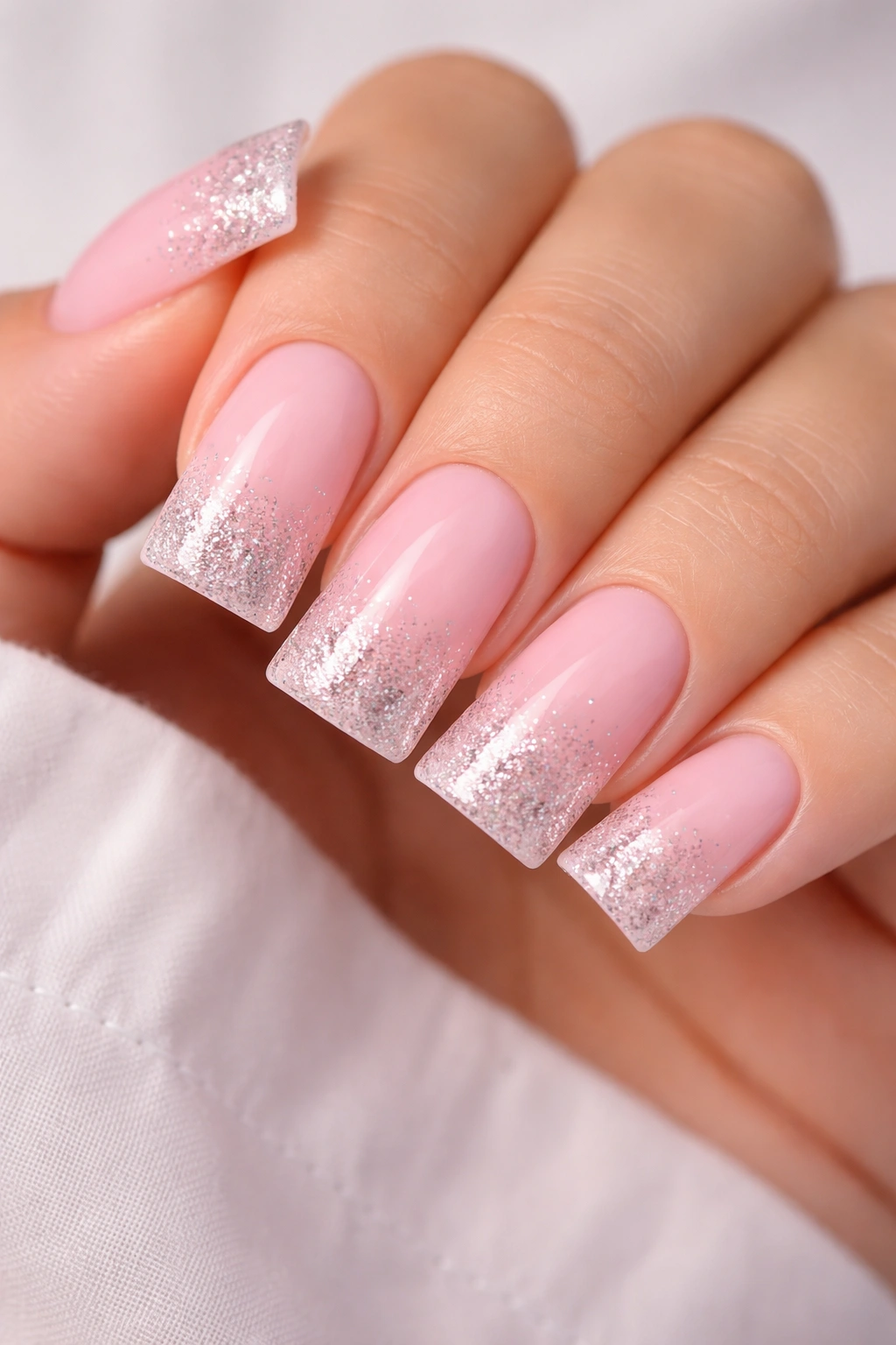 Close-up of duck nails with pink base and glitter fade tips