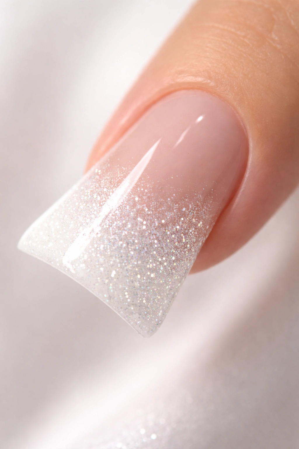 Close-up of nude-to-white glitter fade duck nail