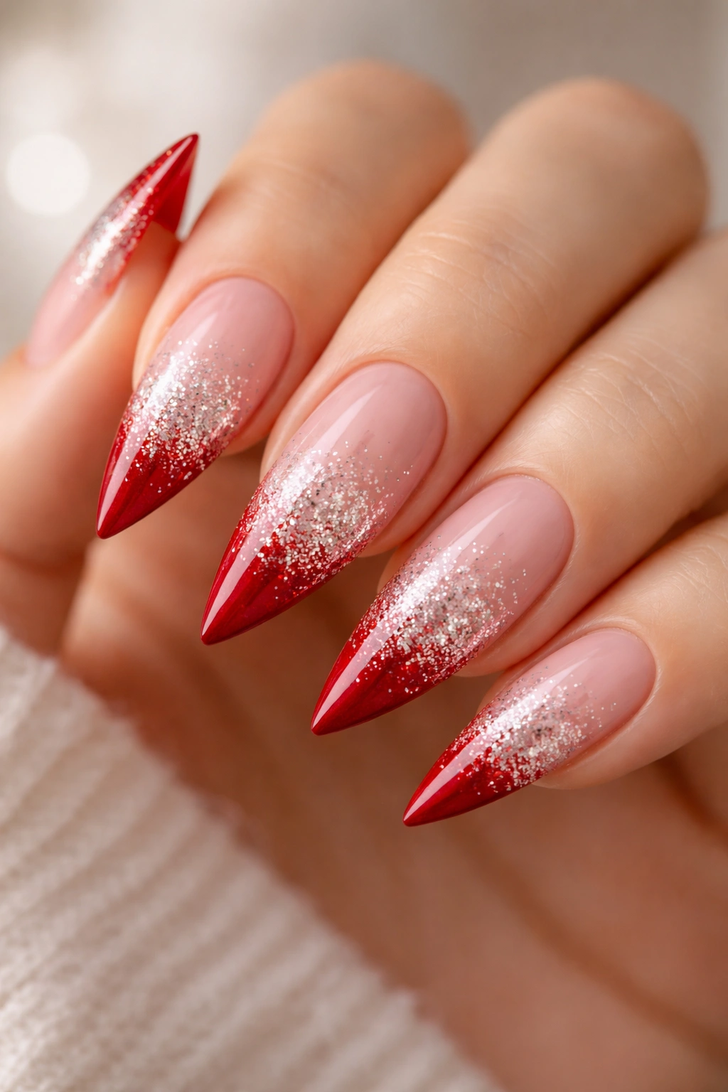 Close-up of glitter fade nails with red base and white tips