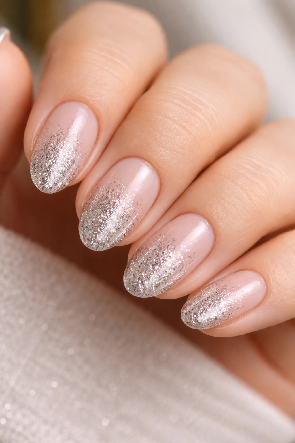 Short almond nails with silver glitter fade near cuticle
