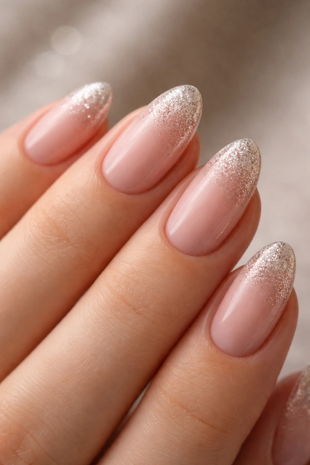 Close-up of short almond nails with a fine glitter fade at tips