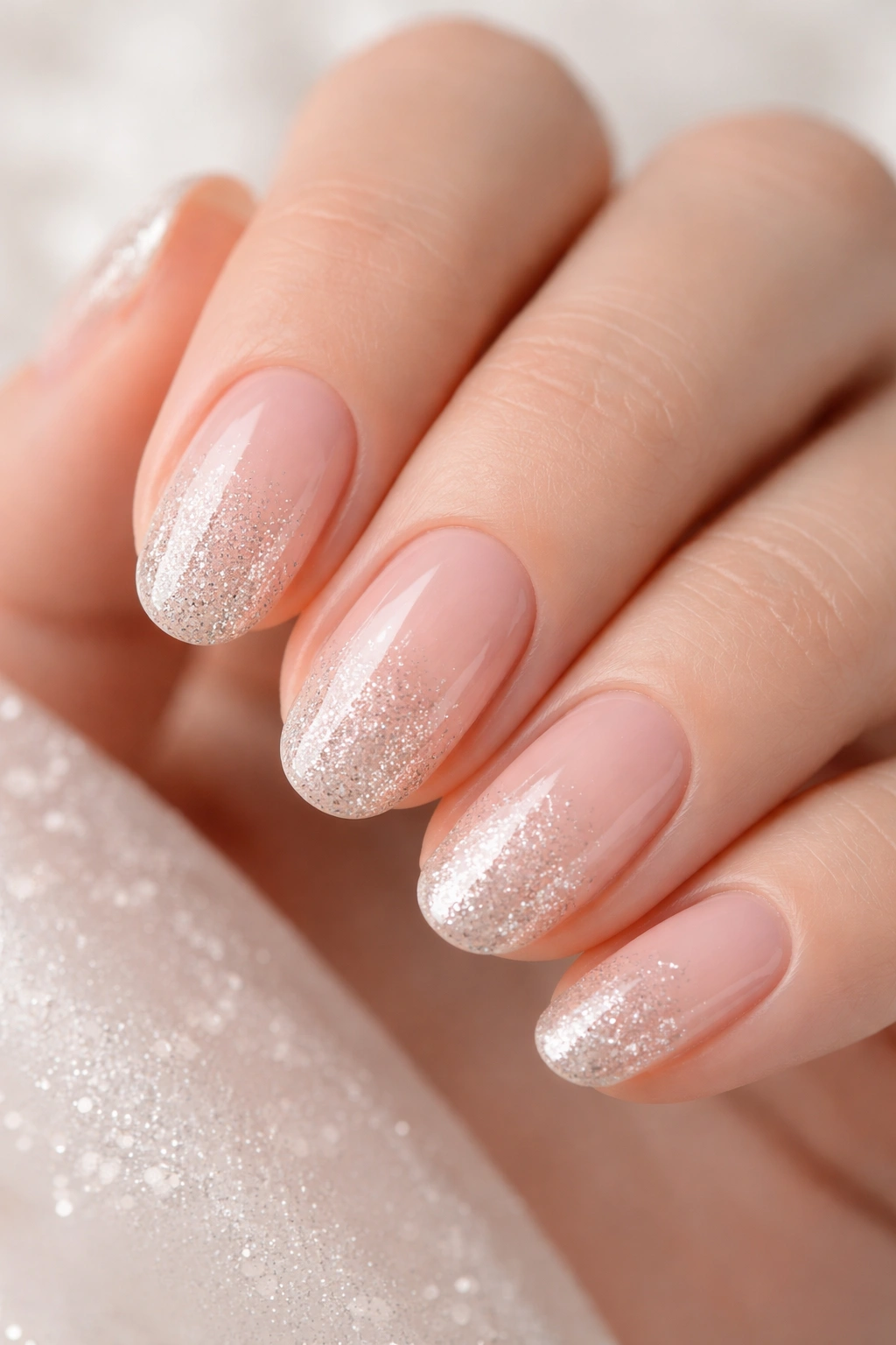 Close-up of glitter fade on short oval nails