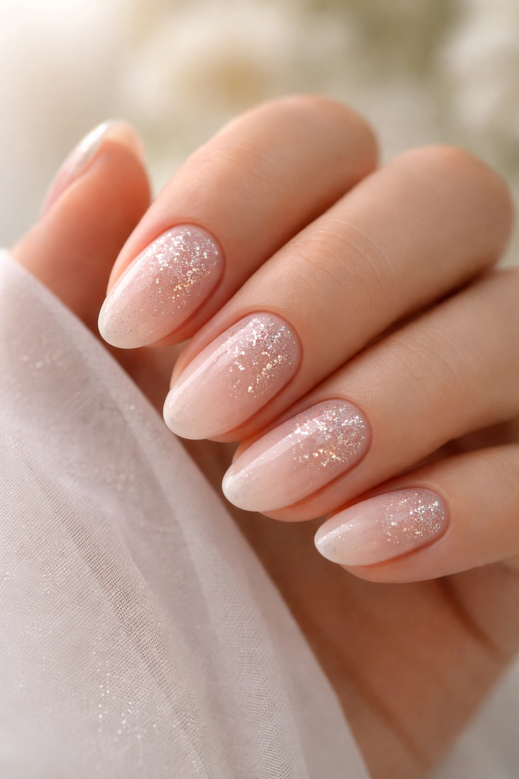 Soft glitter fade on short almond nails with fine sparkle