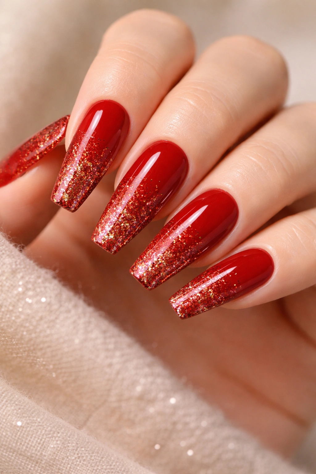 Red coffin nails with glitter fade ombre from base to tip.