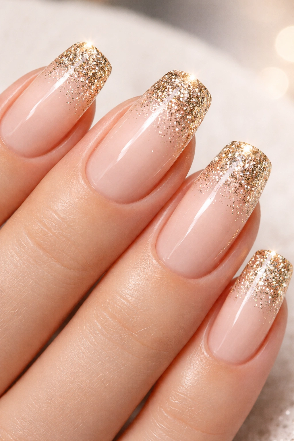 Close-up of nude nails with gold glitter tip fade
