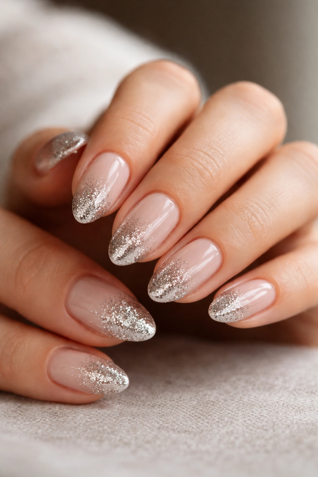 Close-up of short almond polygel nails with a silver glitter fade at the tips
