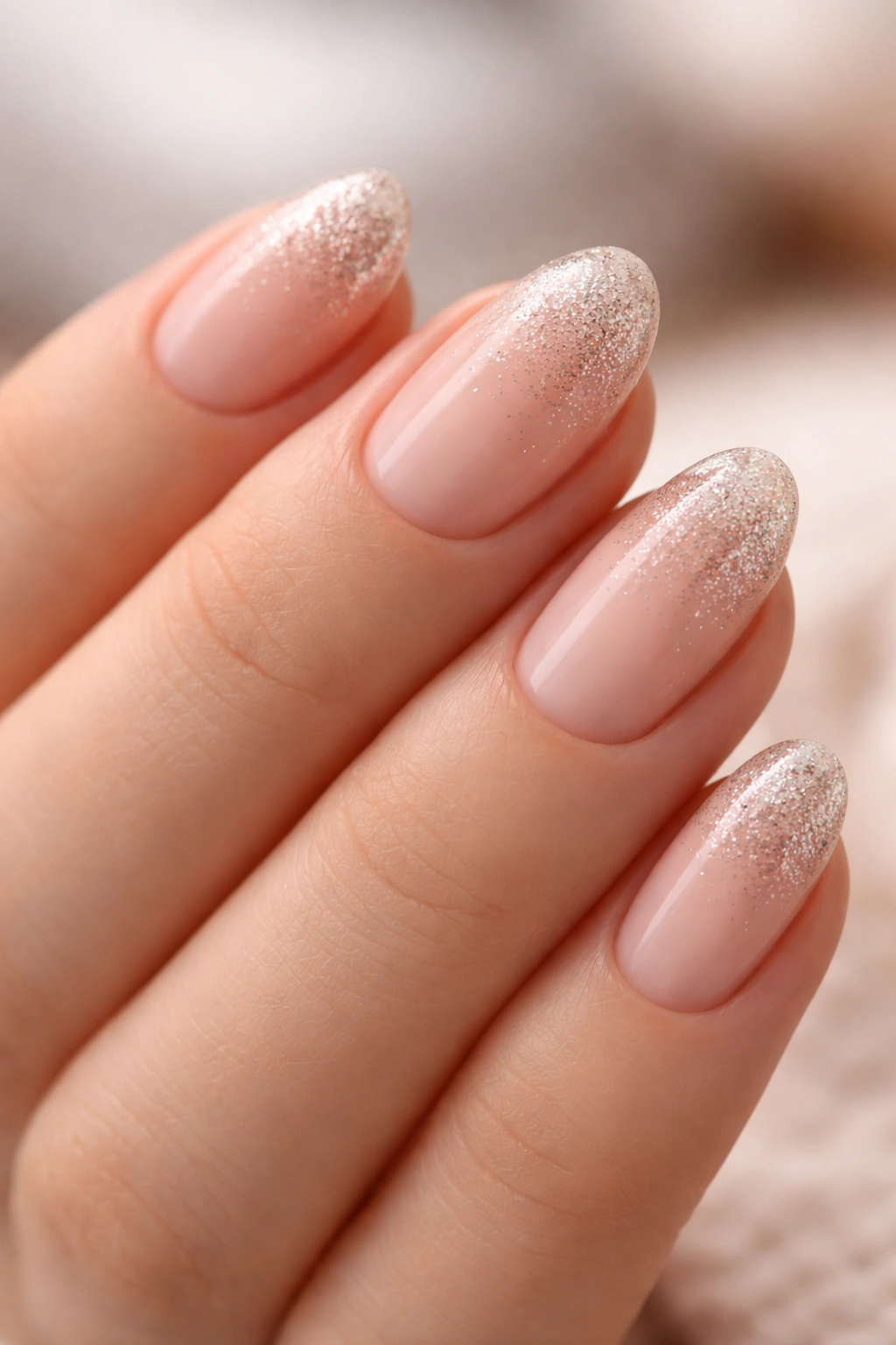 Close-up of glitter fade on short almond nails with nude base