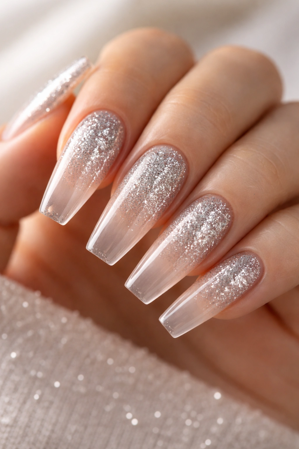 Close up of nails with silver glitter fade and translucent ends