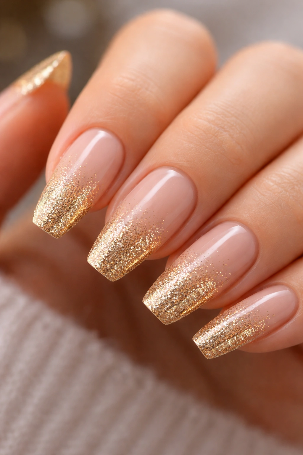Close-up of nude-to-gold glitter fade on ballerina nails