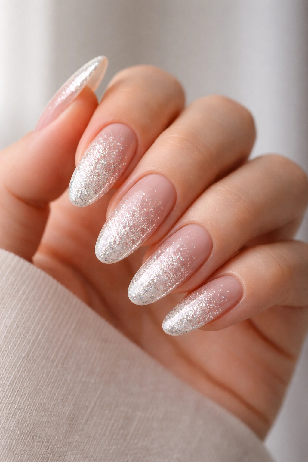 Close-up of long oval nails with silver glitter gradient