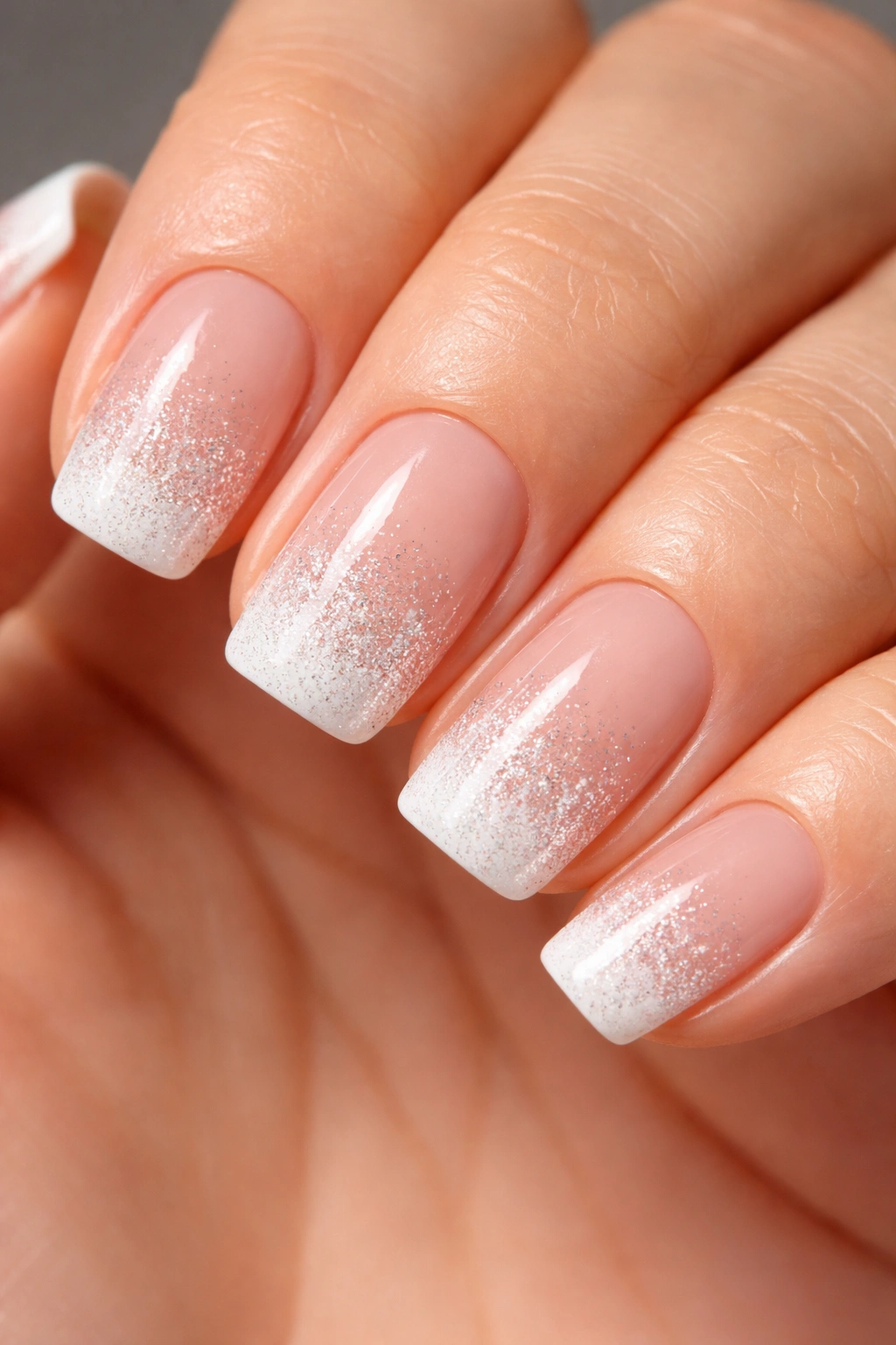 Close-up of short squoval nails with white tips fading to nude with glitter.